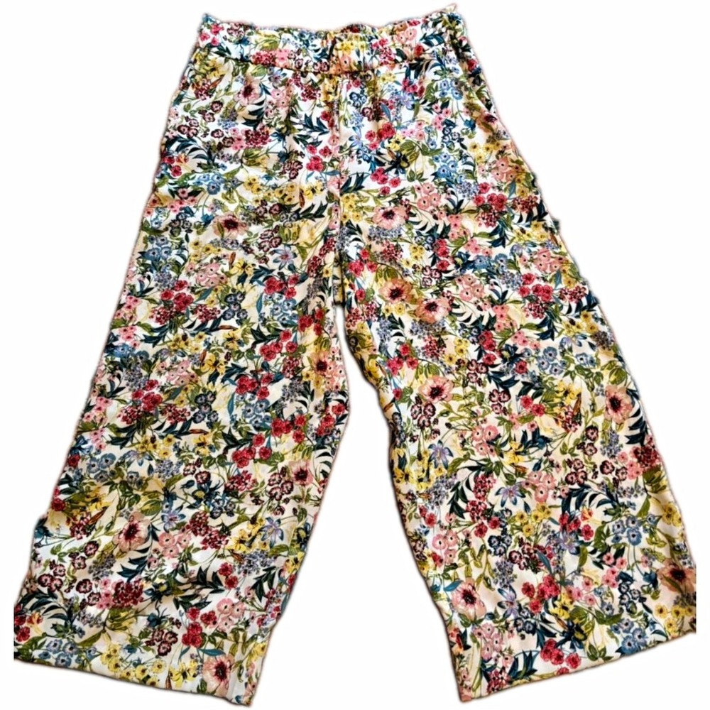 H&M Women's Size 12 Floral Wide Leg Pull On Pants Cream Multicolor High Rise